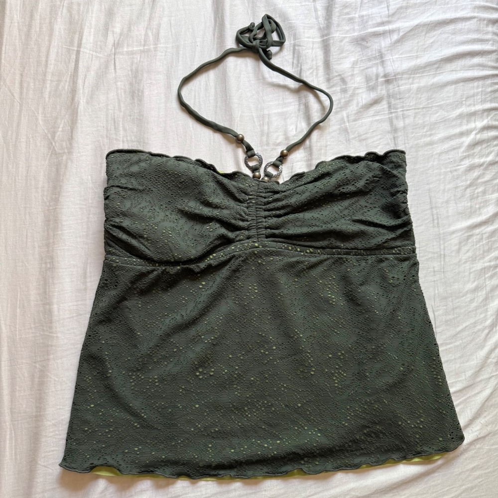 BISOU BISOU olive green halter neck cropped beaded bikini tankini swim top
